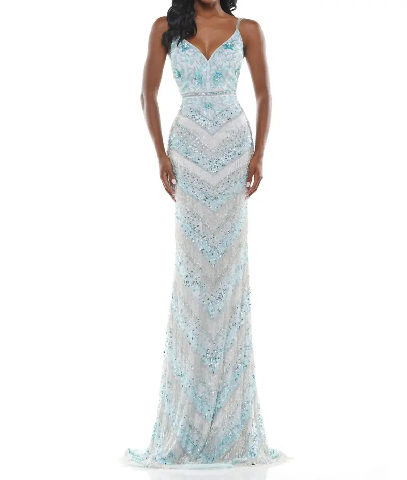 Beaded Mesh Gown In Ice Blue 1