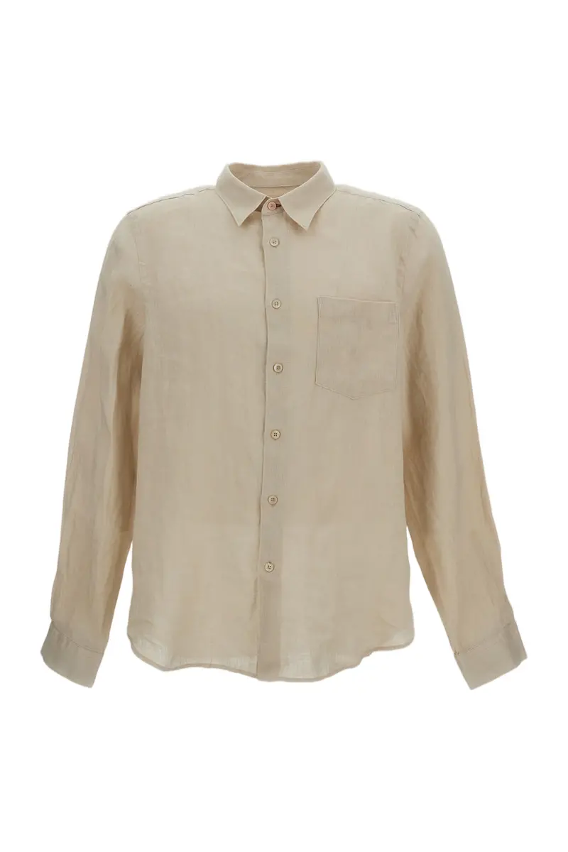 Beige Linen Shirt With Pointed Collar And Patch Pocket 1