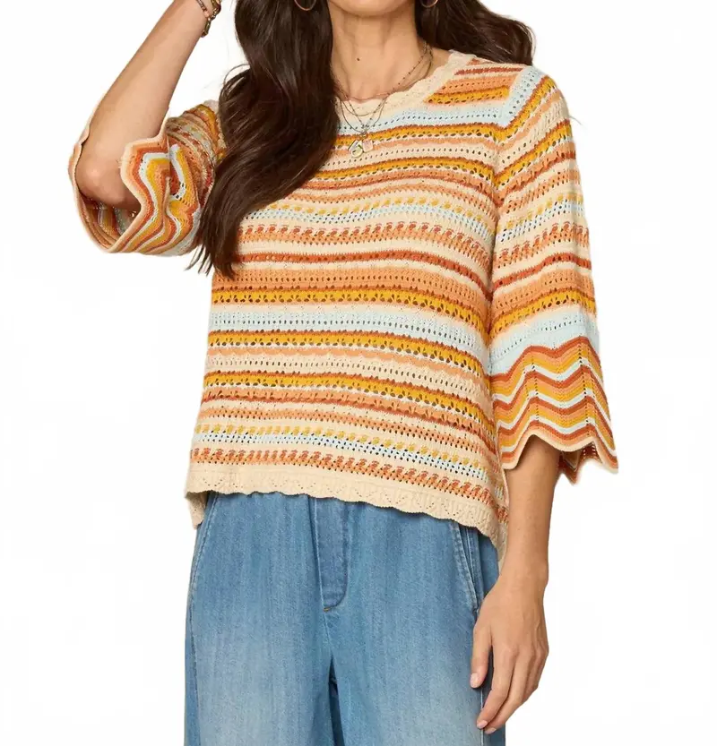 Bell Sleeve Crochet Striped Sweater In Multicolor 1