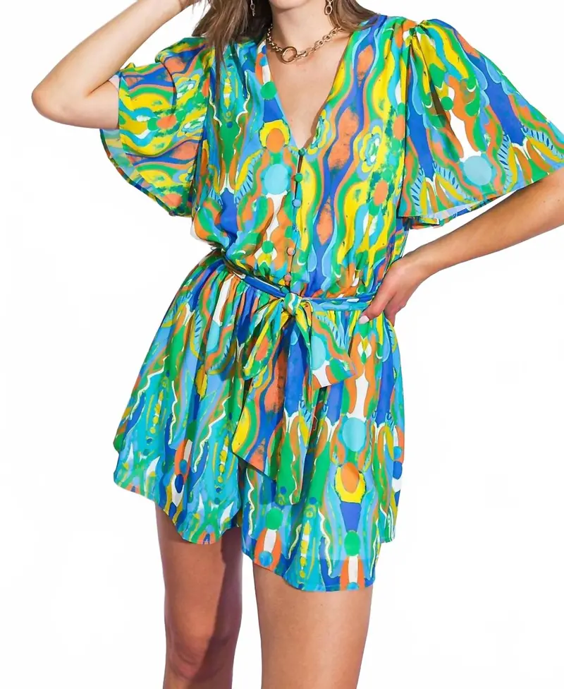 Belted Woven Romper In Blue Multi 1