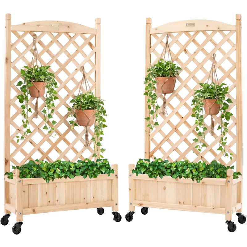 Best Choice Products Set Of 2 48In Wood Planter Box & Diamond Lattice Trellis, W/ Drainage, Optional Wheels - Natural 1