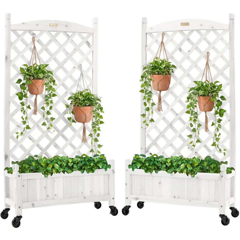 Best Choice Products Set Of 2 48In Wood Planter Box & Diamond Lattice Trellis, W/ Drainage, Optional Wheels - White 1