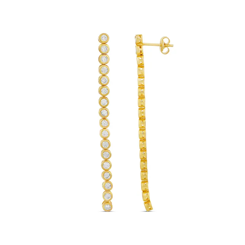 Bezel Set Tennis Drop Earrings — .925 Sterling Silver, Rhodium Plated, Cubic Zirconia Detailing 1