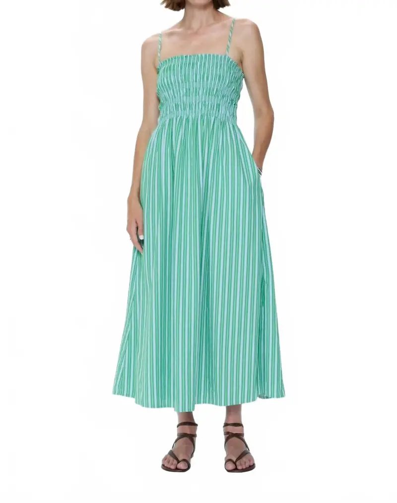 Bianca Shirred Bodice Dress In Green Blue Stripe 1