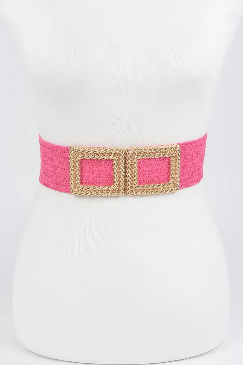 Big Metal Buckle Faux Straw Stretch Belt 1