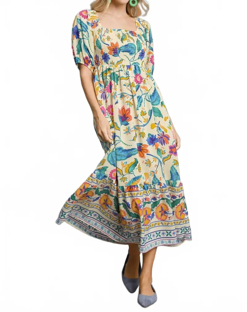 Boho Floral Smocked Maxi Dress In Multicolor 1