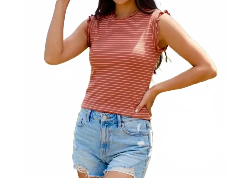Boho Ribbed Ruffle Trim Striped Tank Top In Terracotta Rust White Stripes 1