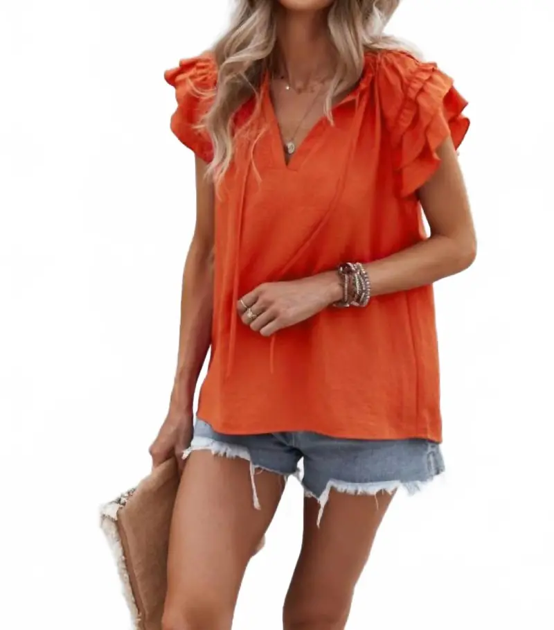 Boho Ruffled Sleeve Blouse In Red Orange 1