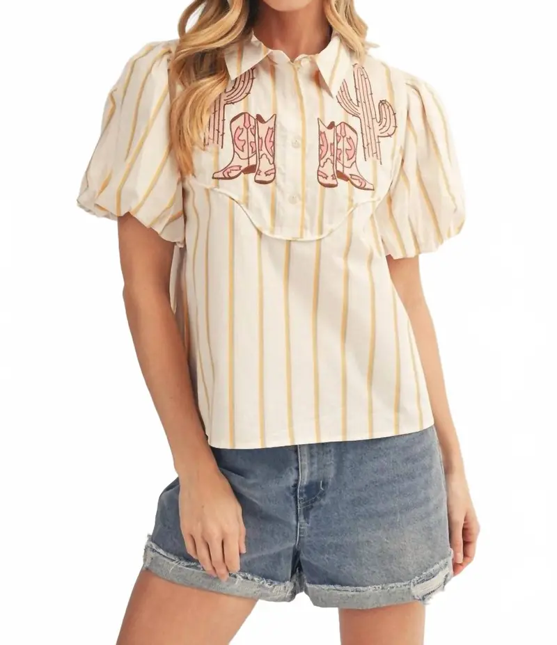 Boots Galore Striped Button Up Shirt In White / Yellow 1