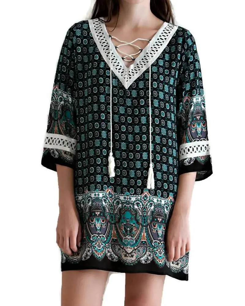 Border Print Tassel Tie Mini Dress In Black 1