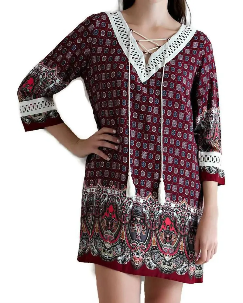 Border Print Tassel Tie Mini Dress In Burgundy 1
