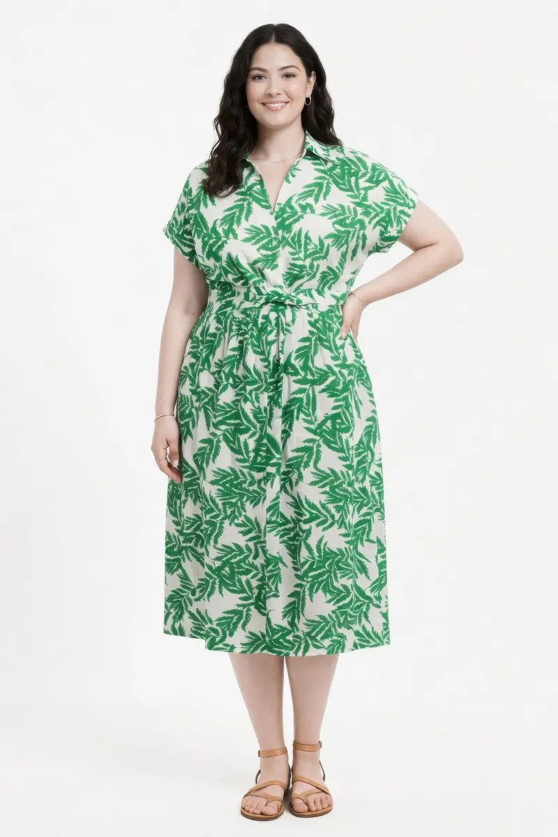 Botanical Print Collared Wrap Waist Midi Dress 1