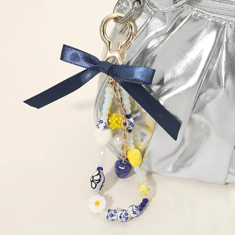 Bow Accent Floral Heart Pearl Ceramic Ball Beaded Keychain Bag Charm 1