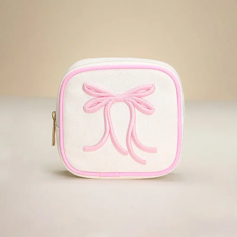 Bow Embroidered Square Canvas Pouch Bag / Organizer 1