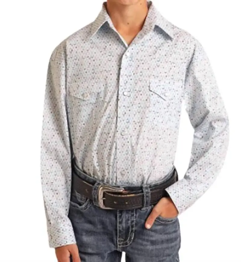 Boys Stretch Geo Print Snap Western Shirt In Blue 1