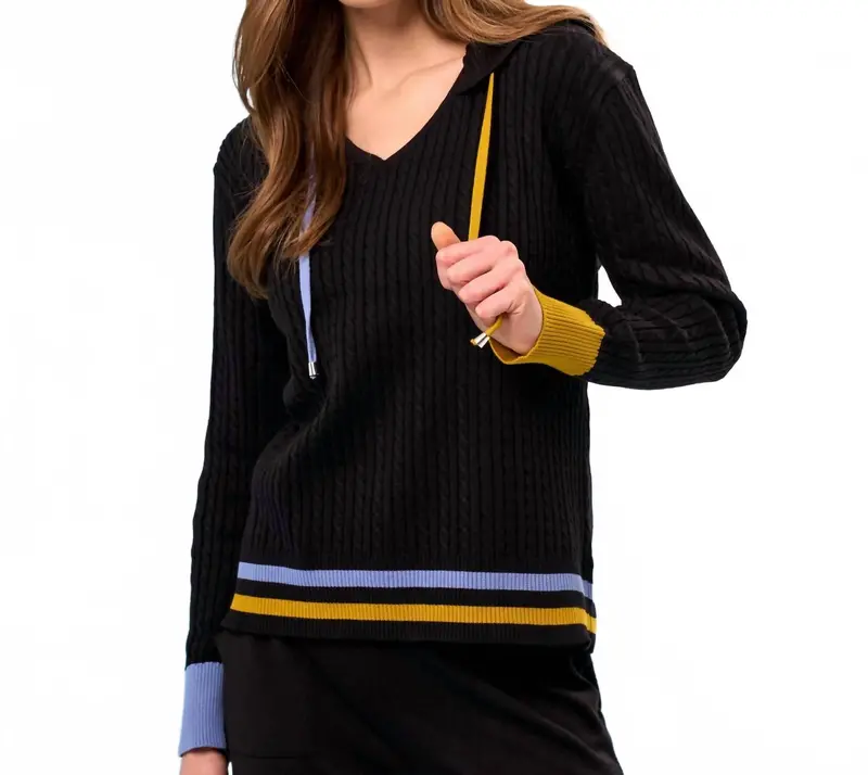 Braided V-Neck Hoodie In Black/Multi 1