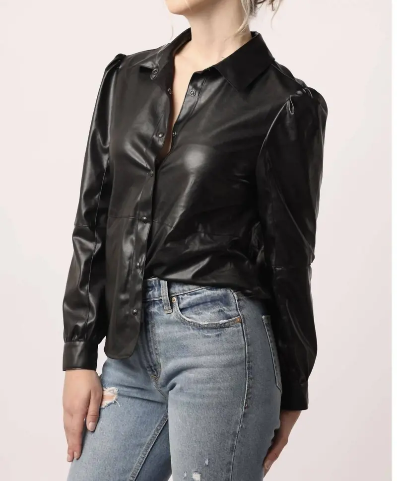 Brigit Pleather Snap Front Blouse In Black 1