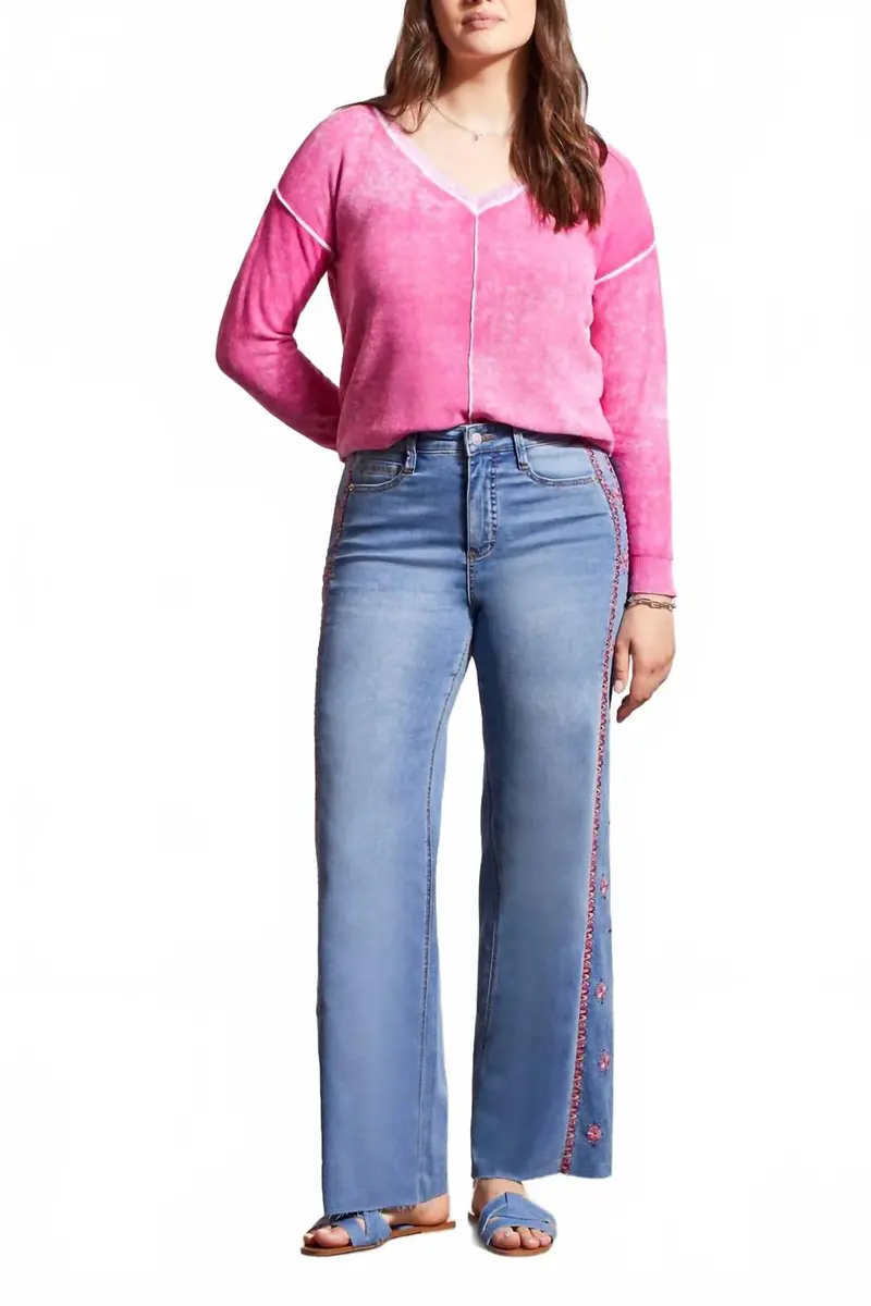 Brooke Hugging Wide Leg Jeans With Embroidery In Blue 1