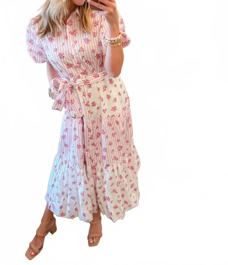 Bunches Of Flowers Block Print Midi Dress In Pink 1