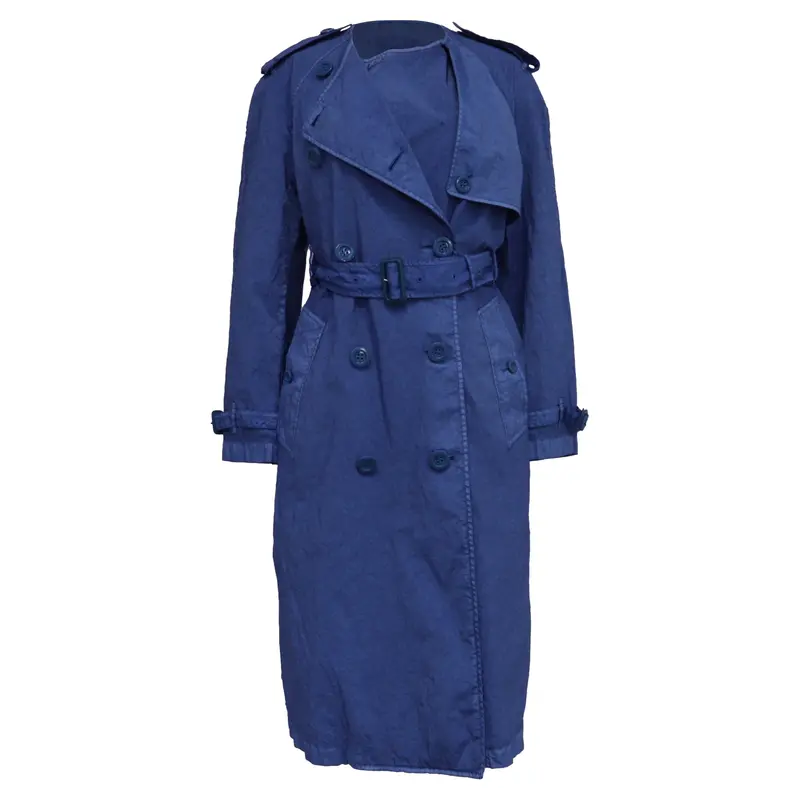Burberry Collarless Double Breasted Trench Coat In Blue Polyamide 1