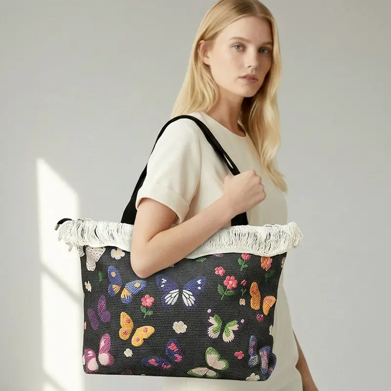 Butterfly Pattern Print Large Woven Frayed Shoulder Tote Bag 1
