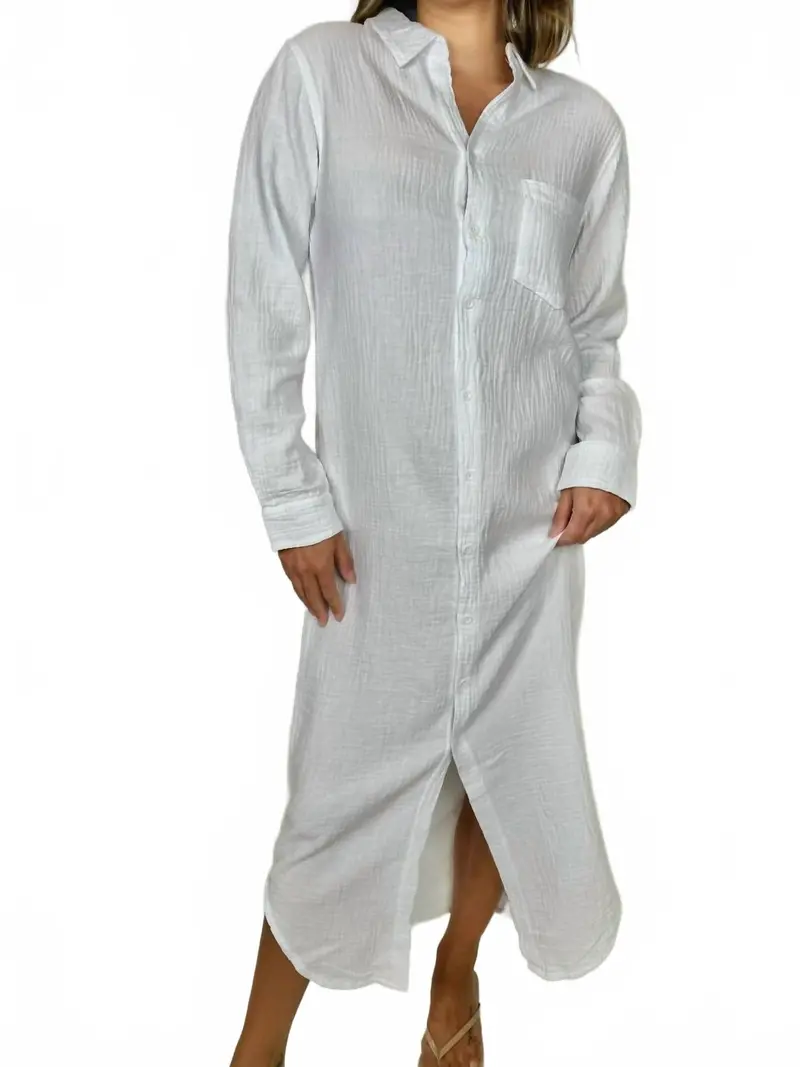 Button Front Maxi Shirt Dress In White 1