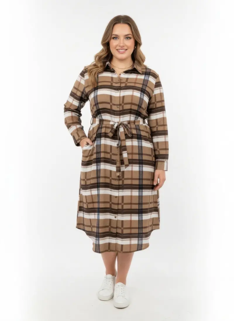 Button Front Midi Shirt Dress With Self Tie Belt 1