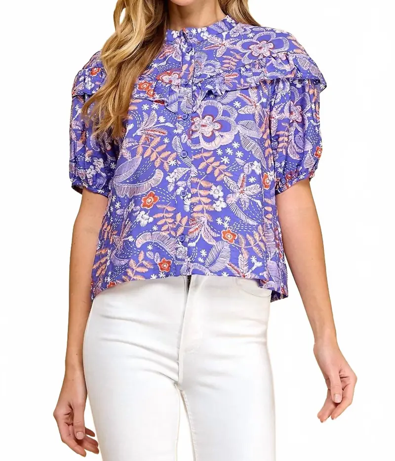 Button Up Floral Ruffle Blouse In Purple 1