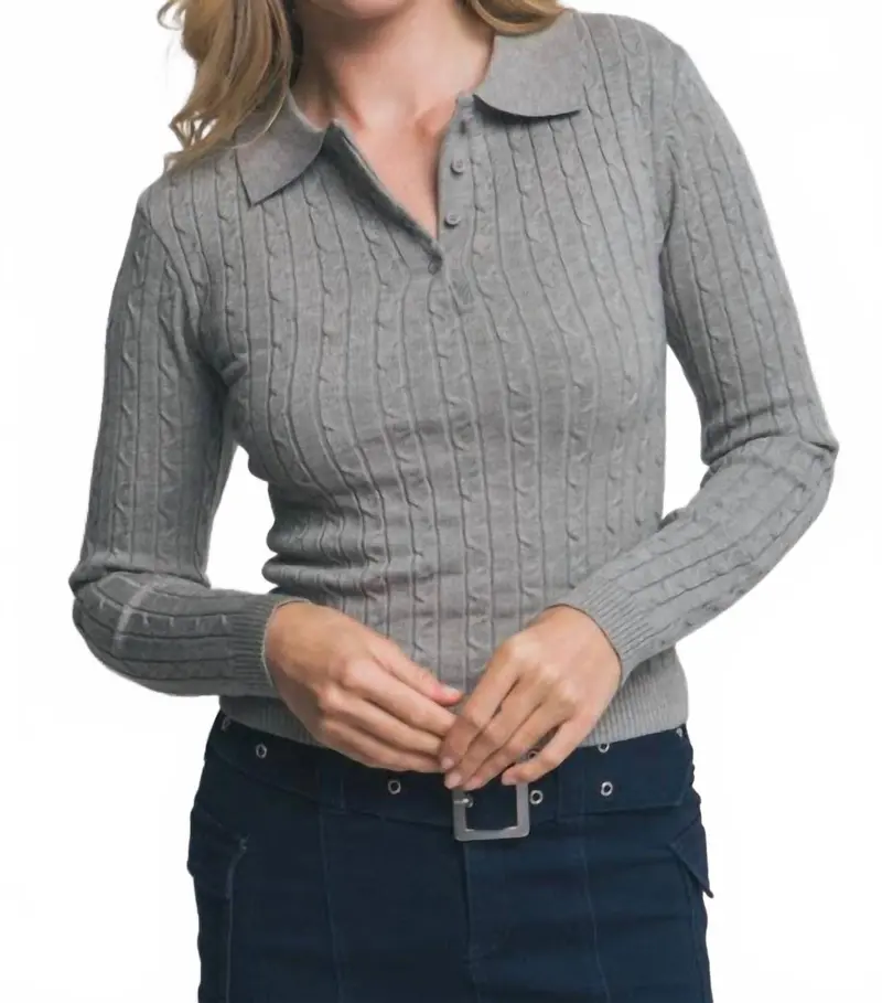 Cable Knit Polo Sweater Top In Grey 1