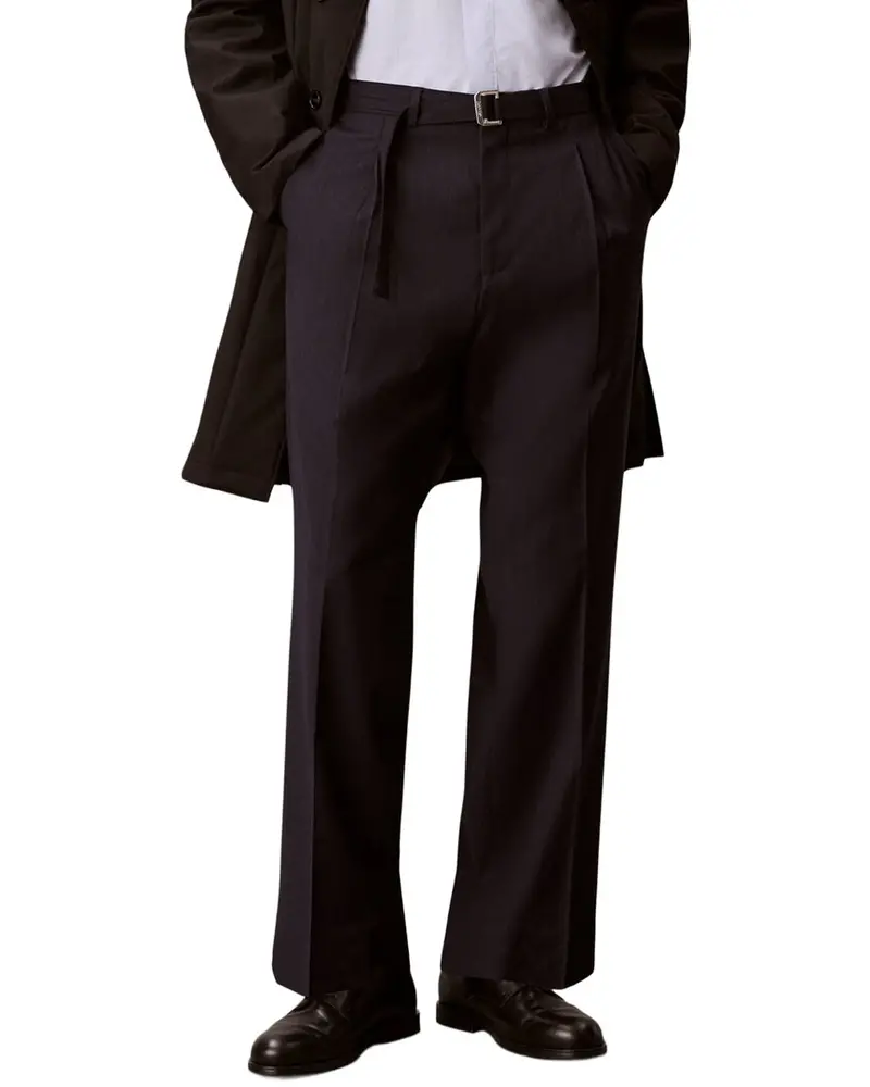 Calvin Klein Straight Wool-Blend Pinstripe Belted Trouser 1
