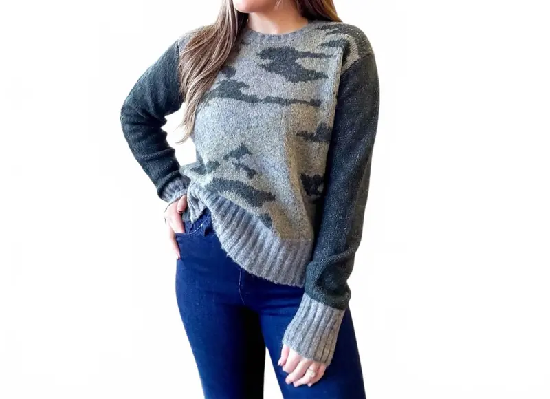 Camo Contrast Knit Sweater In Gray/Blue 1