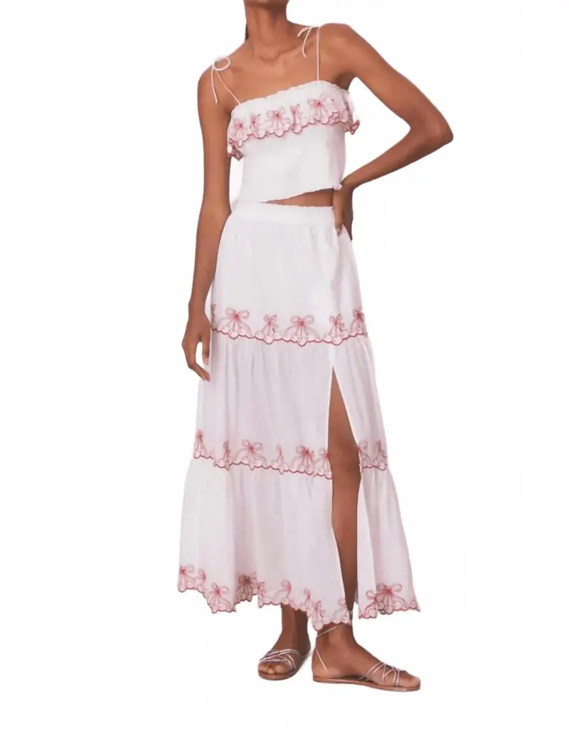 Candy Red Jemila Embroidered Cotton Maxi Skirt In White Multi 1