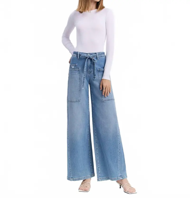 Carmen High Rise Elastic Tie Waistband Baggy Wide Jeans In Light Wash 1