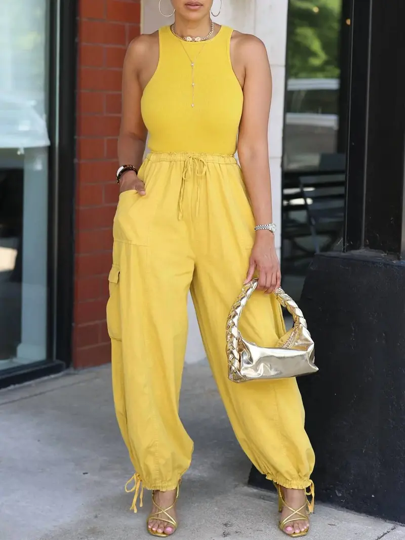 Casual Plain Pockets Cargo Pants In Yellow 1