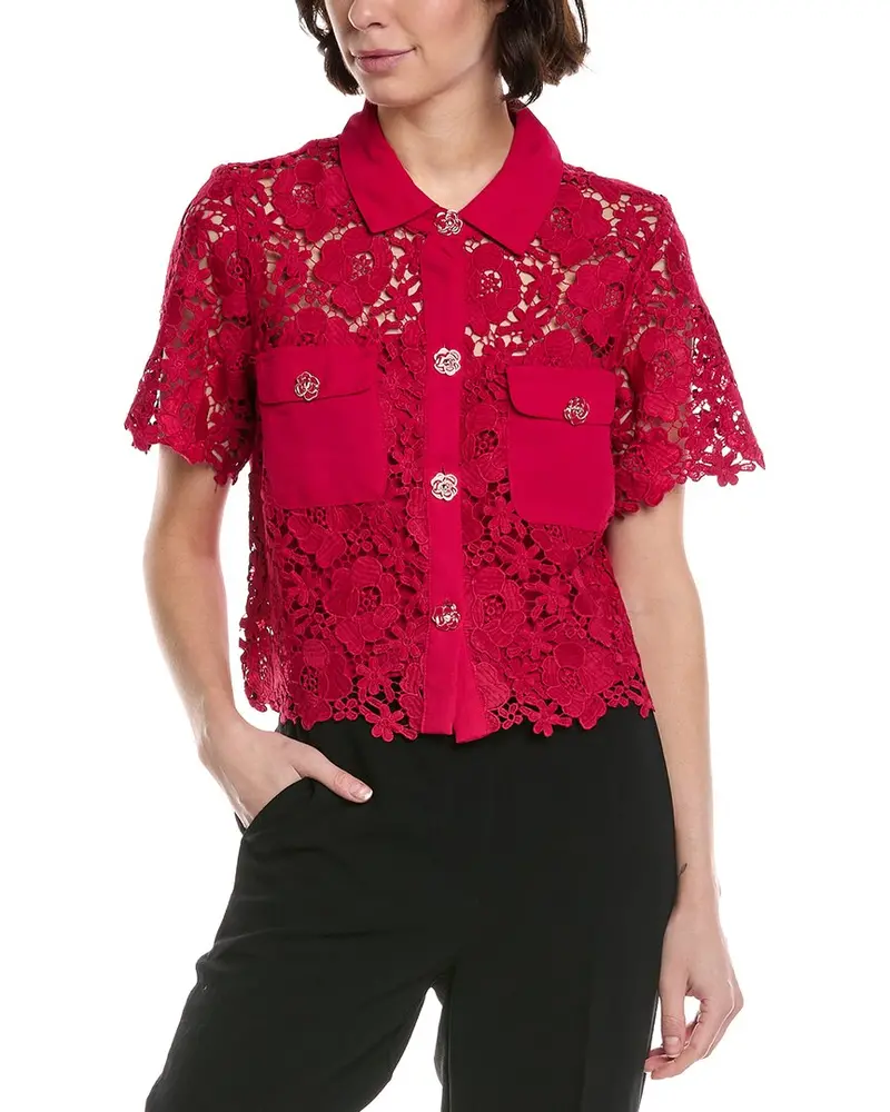 Cece Patch Pocket Button-Down Lace Top 1