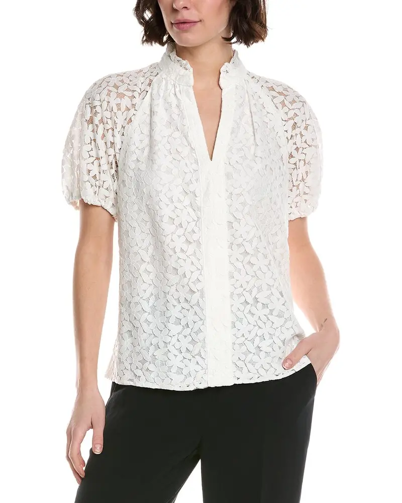 Cece Ruffle Neck Raglan Seam Split Neck Blouse 1
