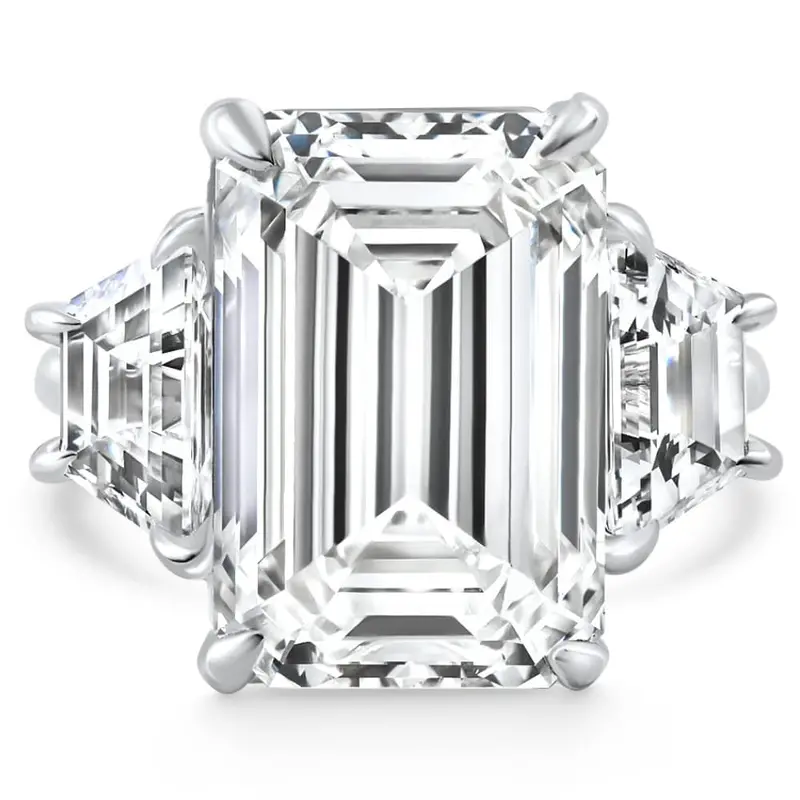 Certified 11.90Ct Emerald Diamond & Trapezoid Engagement Ring Lab Grown 14K Gold Size: 5.5 1
