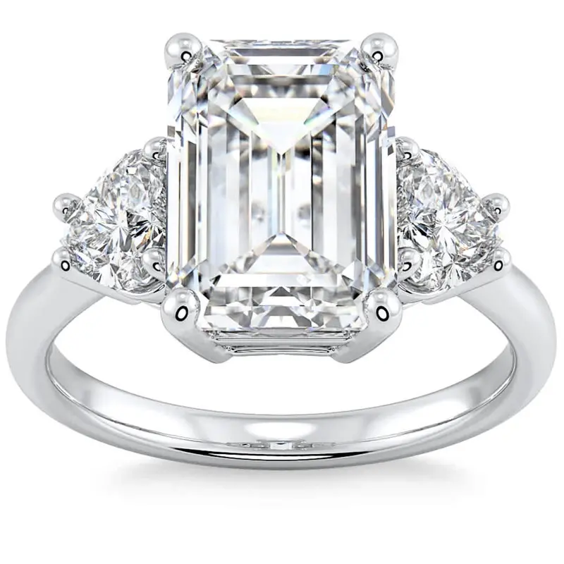 Certified 4 1/2Ct Emerald & Heart 3-Stone Diamond Ring 14K Gold Lab Grown 1