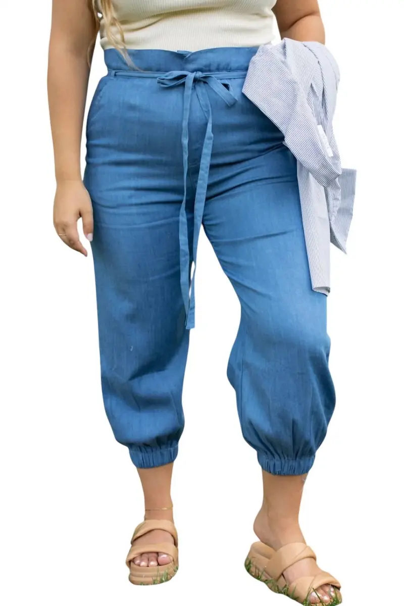 Chambray Cropped Tapered Joggers In Blue 1