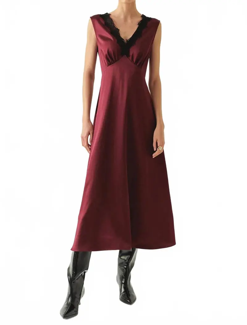 Chana Dress Lace Collar Satin Midi Dress In Red 1