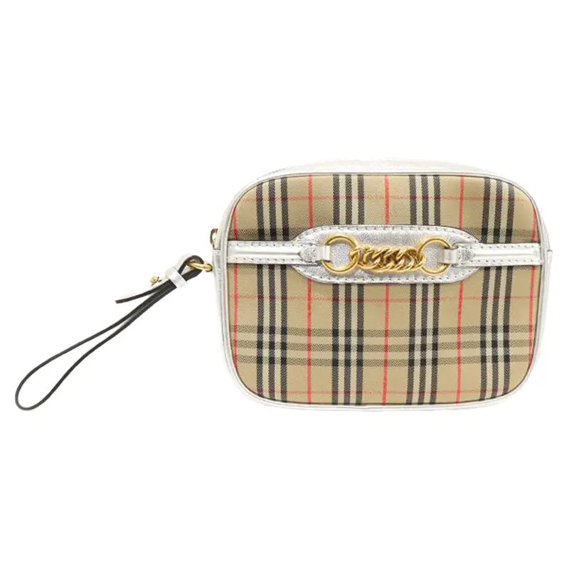 Check Silver Leather Gold-Tone Link Belt Bag 1