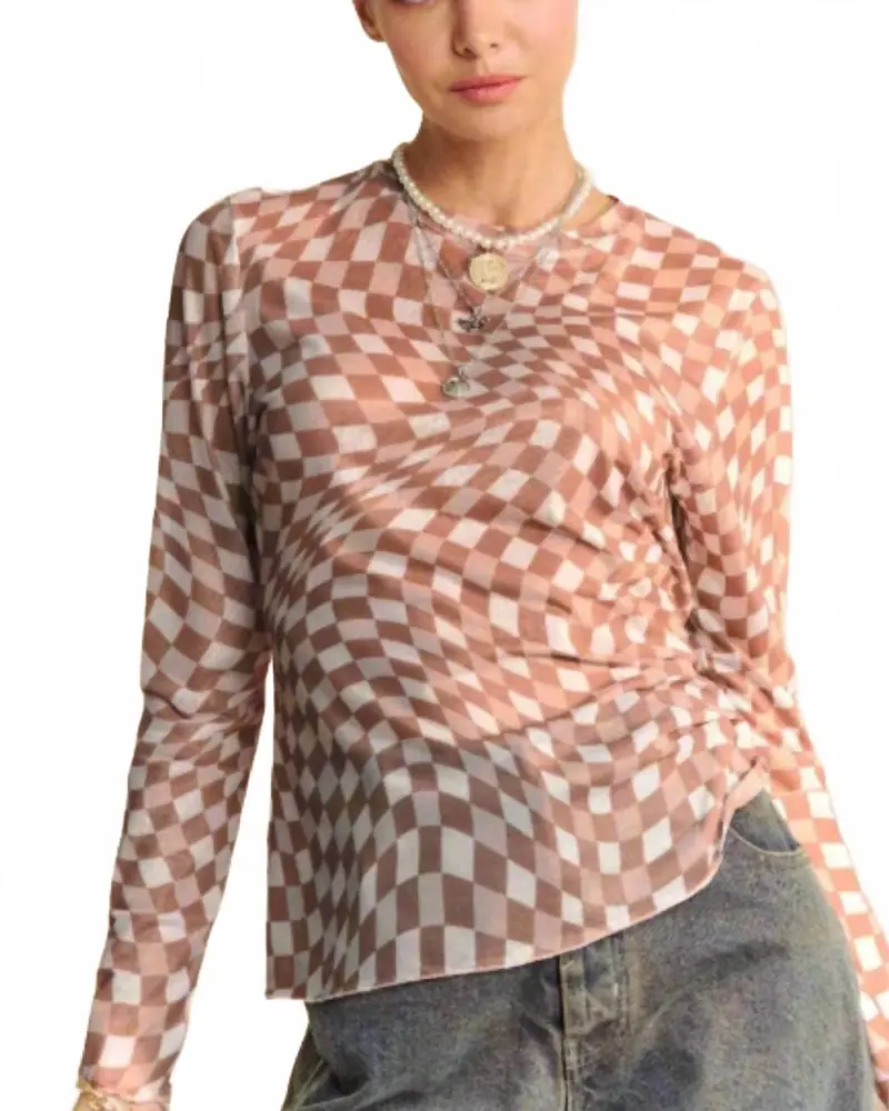 Checkered Burnout Top In Mocha Mousse 1
