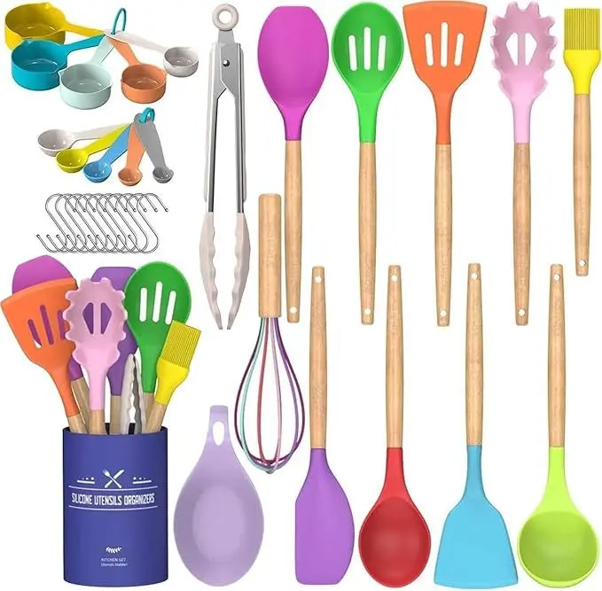 Chef Kitchen Cooking Utensils Set, 33 Pcs Non-Stick Silicone Cooking Kitchen Utensils Spatula Set With Holder, Wooden Handle Silicone Kitchen Gadgets Utensil Set (Colorful) 1