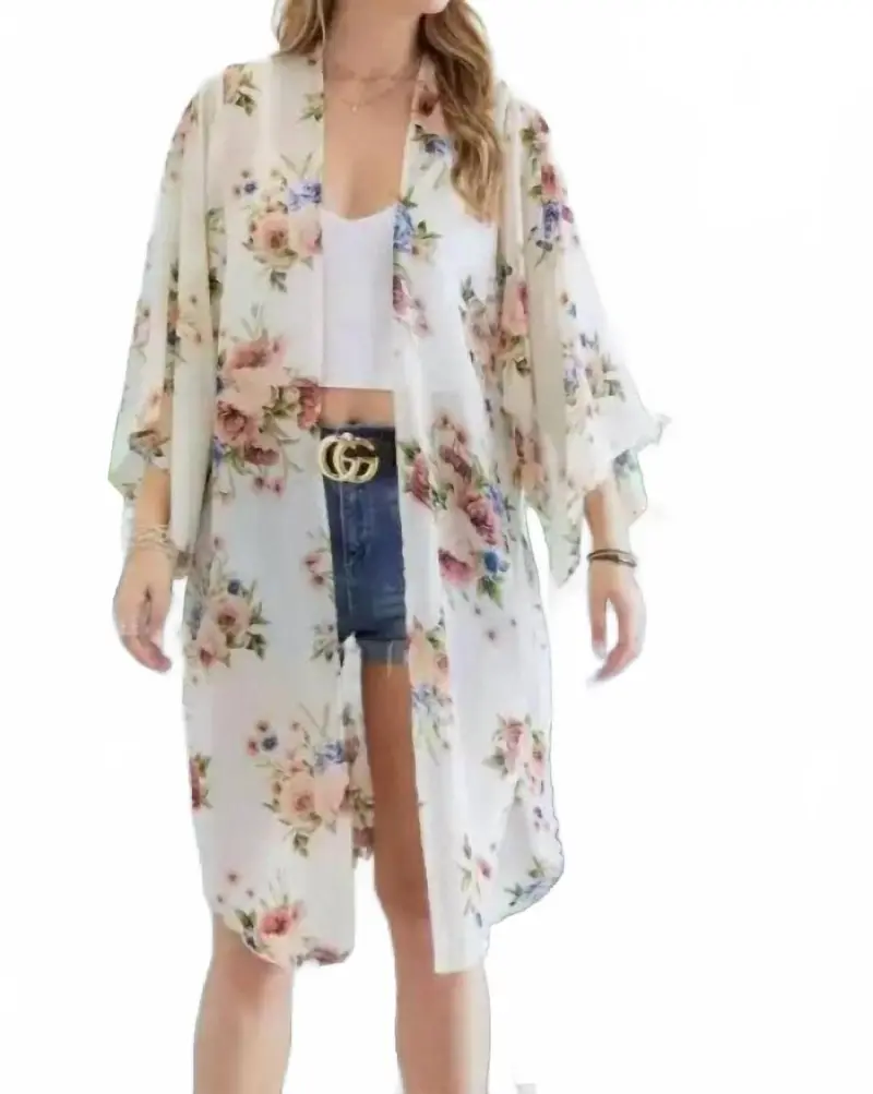Chiffon Floral Print Three Fourth Sleeve Kimono In Ivory And Blue 1