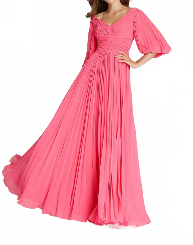 Chiffon Puff Sleeve Pleated Vneck Gown In Watermelon 1