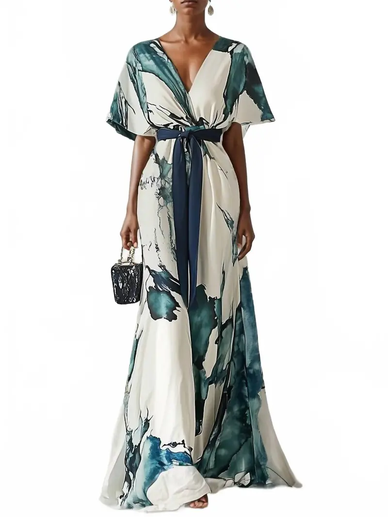 Chiffon V-Neck Short Sleeve A-Line Maxi Dress In White Blue 1