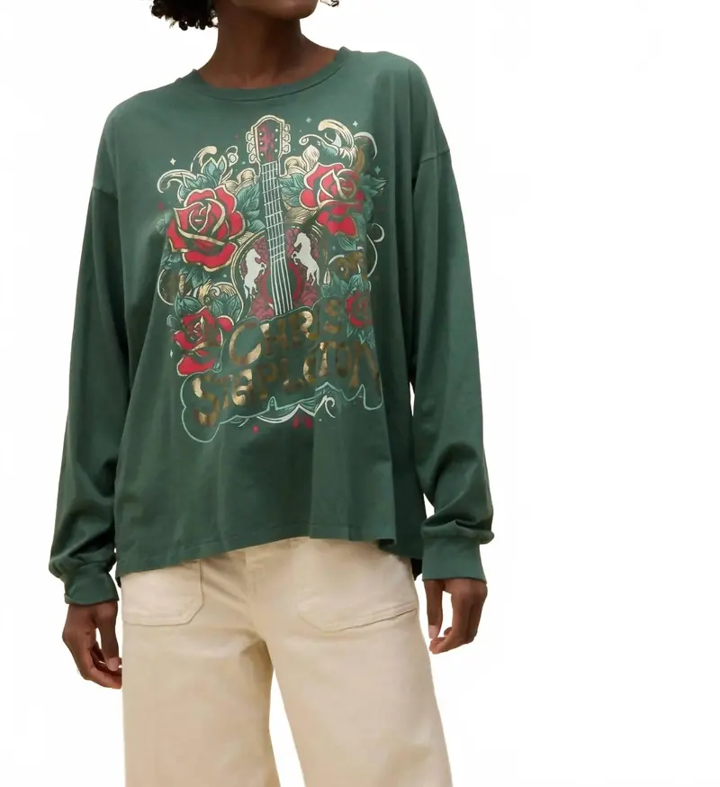 Chris Stapleton Guitar & Roses Long Sleeve Top In Deep Green 1
