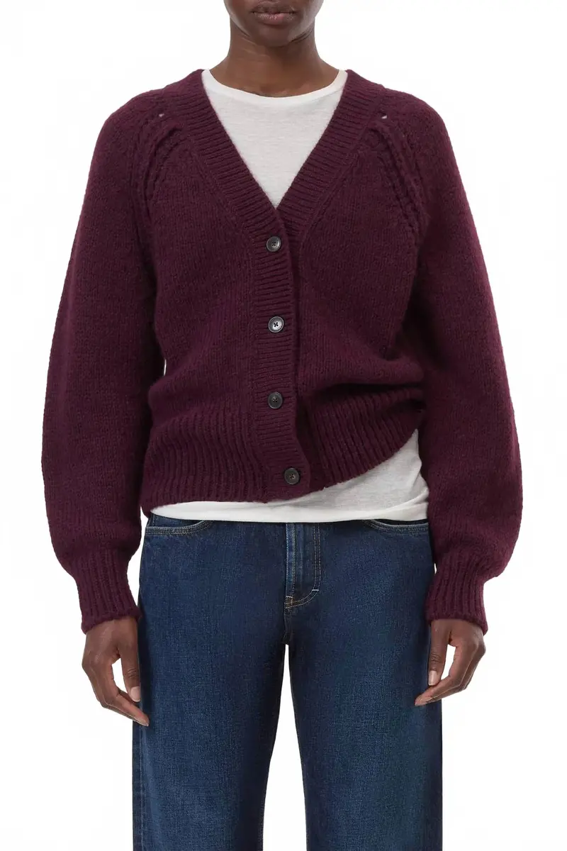 Chunky Knit Waisted Cardigan In Dark Raisin Red 1
