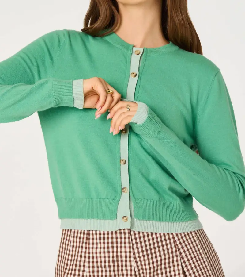 Clovis Color Block Faux Layered Cardigan In Green 1