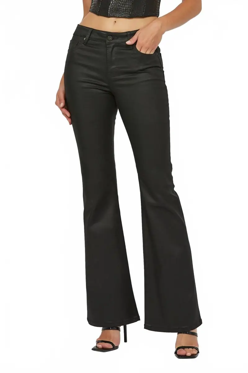 Coated Mid Rise Flare Pants In Black 1